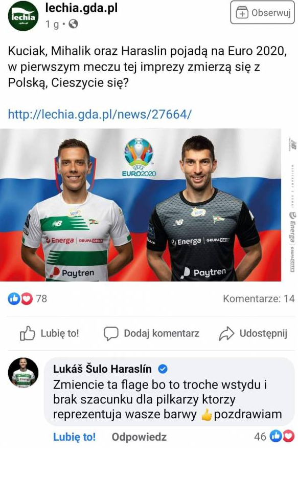Haraslin ZWRACA UWAGĘ na błąd fanowskiego profilu Lechii ;)